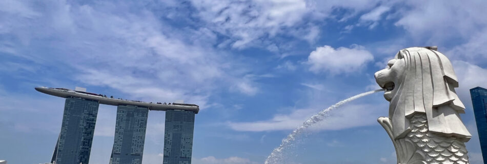 Merlion und Marina Bay Sands Hotel, Singapur